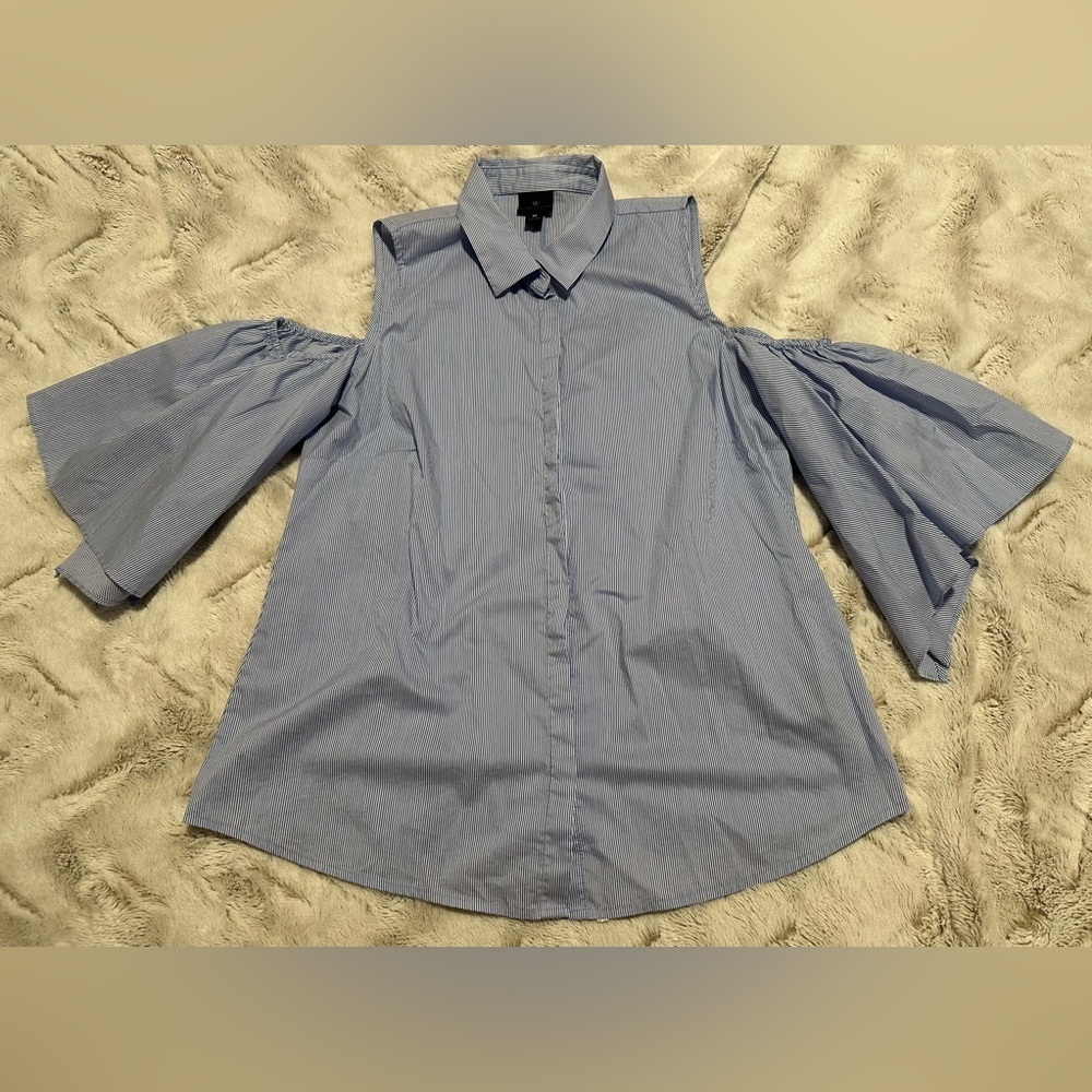 Worthington Light Blue Cold Shoulder Button Down Collar Shirt